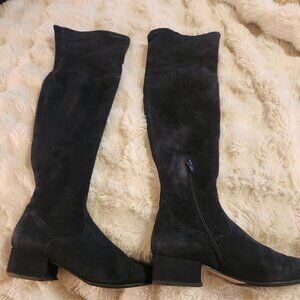 Le Pepe over the knee dark blue elastic suede pointed toe boots